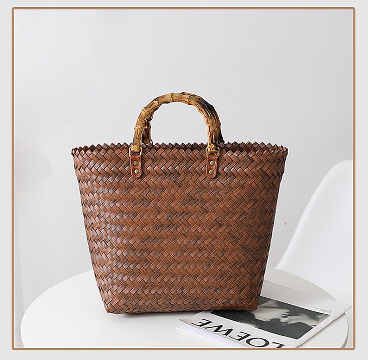 Faux Straw Bamboo Handle Tote Bag